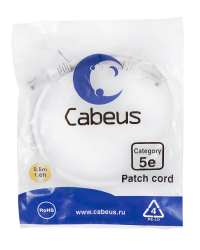 Патч-корд медный U/UTP кат.5е (0,5м) LSZH (белый) Cabeus (PC-UTP-RJ45-Cat.5e-0.5m-WH-LSZH) в Ачинске Патчкорды (медные) Pintop.ru
